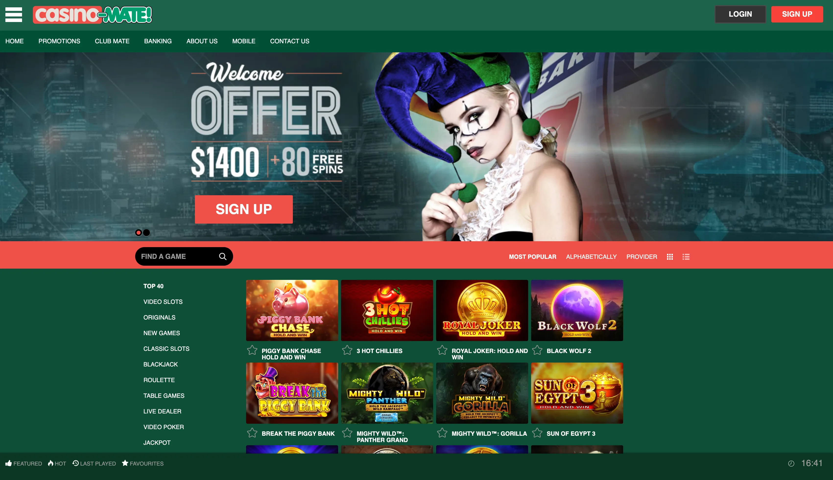 Casino-Mate online casino homepage showing the welcome offer banner, site navigation menu (Home, Promotions, Banking), game lobby with popular pokies including Piggy Bank Chase, Royal Joker: Hold and Win, Black Wolf 2, and Sun of Egypt 3, plus the sign-up call to action.